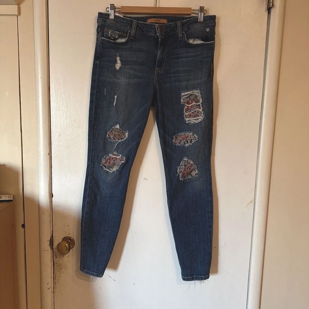 Joe's Jeans The Icon Mid Rise Skinny Ankle Rose Destroyed Embroidered Blue 32W